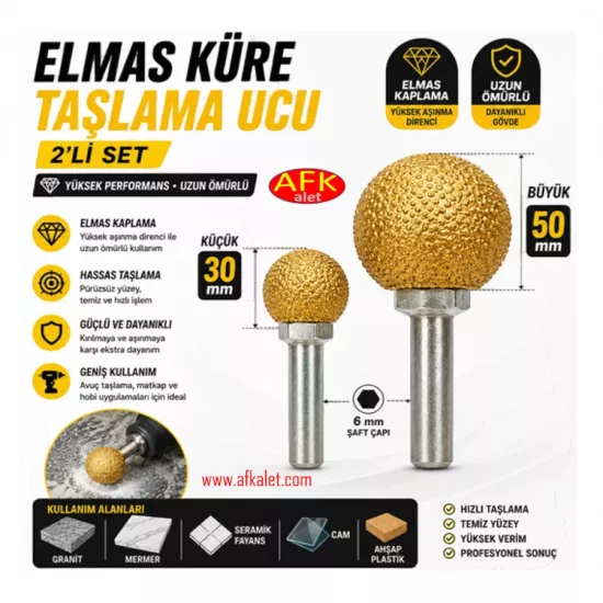 2’li Elmas Küre Taşlama/Aşındırma Ucu Seti 30 mm+50 mm 